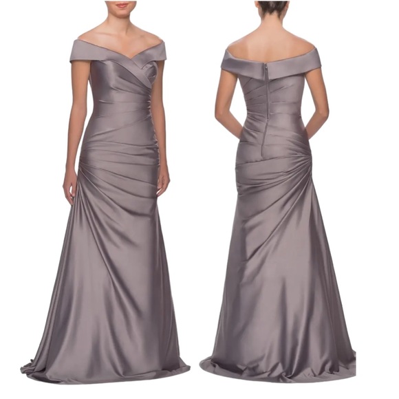 La Femme Dresses & Skirts - La Femme Off The Shoulder Ruched Satin Trumpet Gown in Platinum Size 10